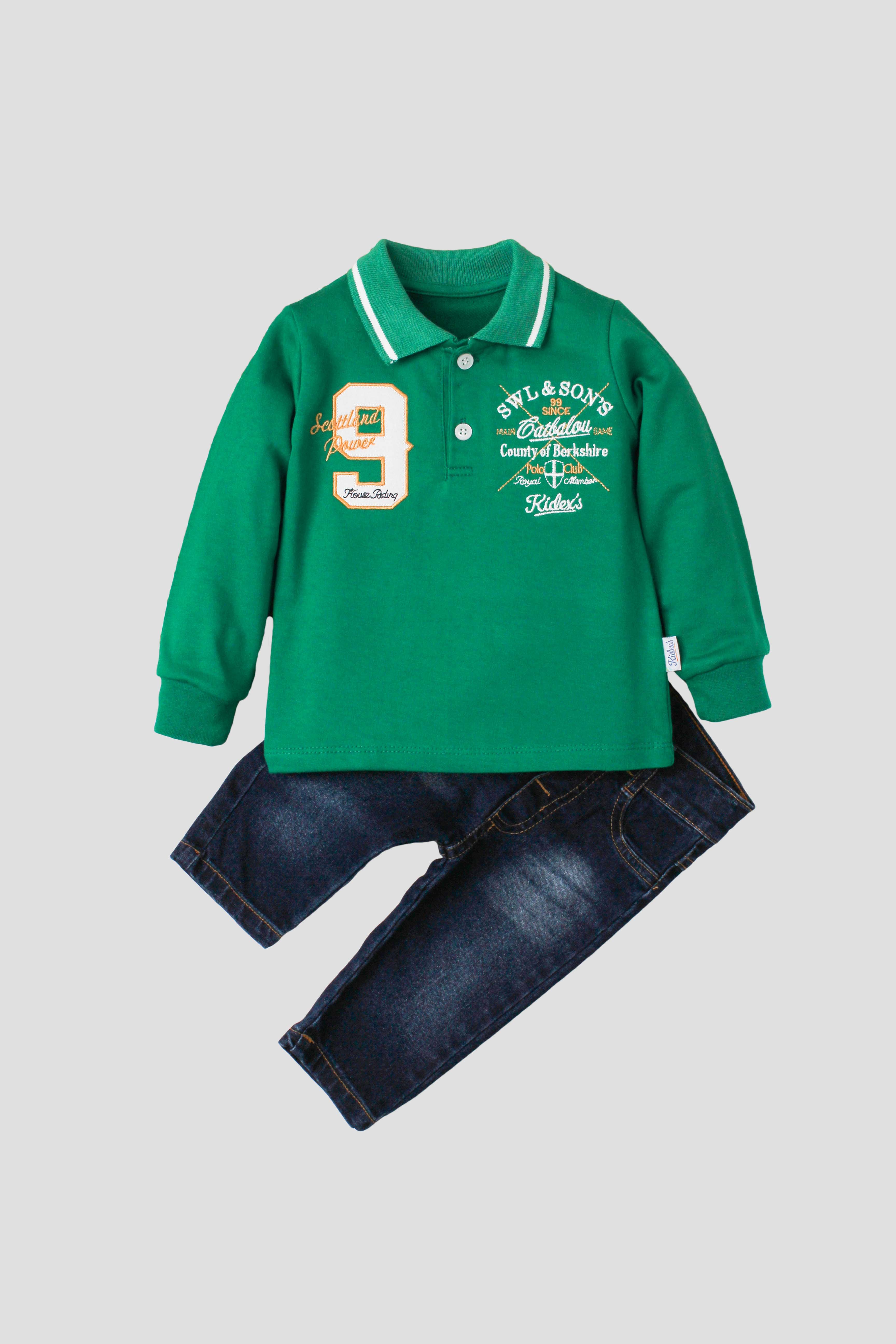 Erkek Bebek Nakışlı Polo Yaka Sweatshirtlü Kot Pantolonlu 2'li Takım 9 24 Ay